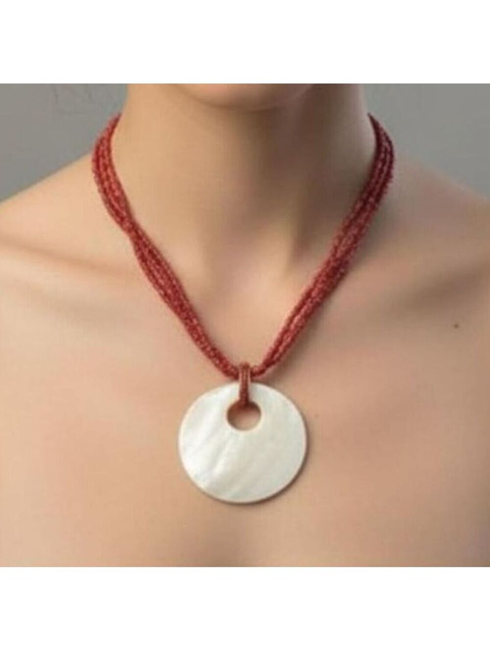 NECKLACE VTG 3 Strand Red Coral Bead & Shell Disk Pendant 18” Plus 3” Extension